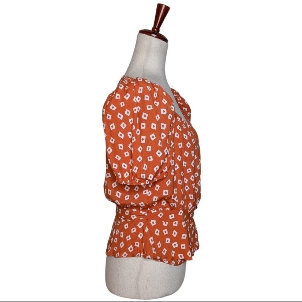 NWT & Other Stories Puff Sleeve Wrap Blouse in Orange Squares Size EU42/USMED - Picture 6 of 8